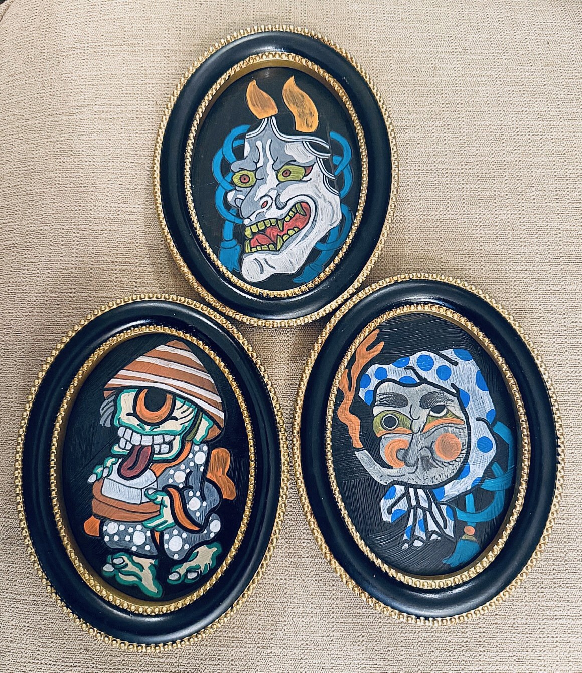 Original Hand Painted Mini Art Set Japanese Tattoo Style Framed 3 Pc