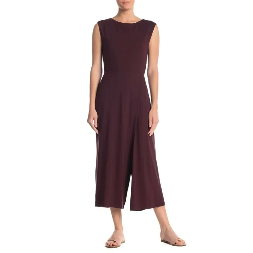 EILEEN FISHER Maroon Stretch Faux-Wrap Wide Leg Cropped Pant Jumpsuit M