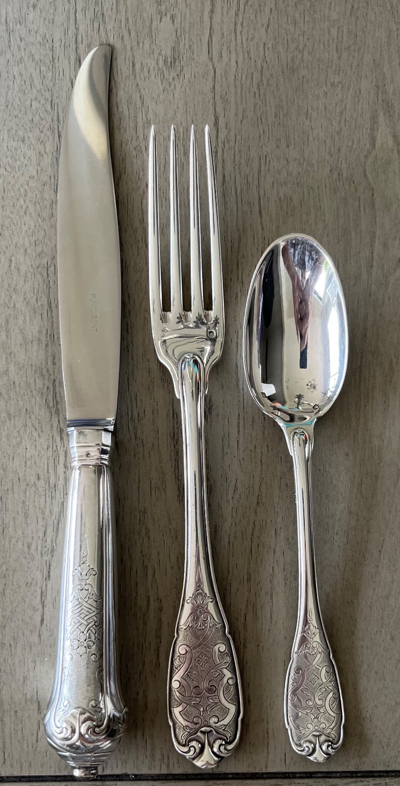 Elegant PUIFORCAT ELYSEE 950 Silver 3 pc ( Knife, Fork, Dessert Spoon