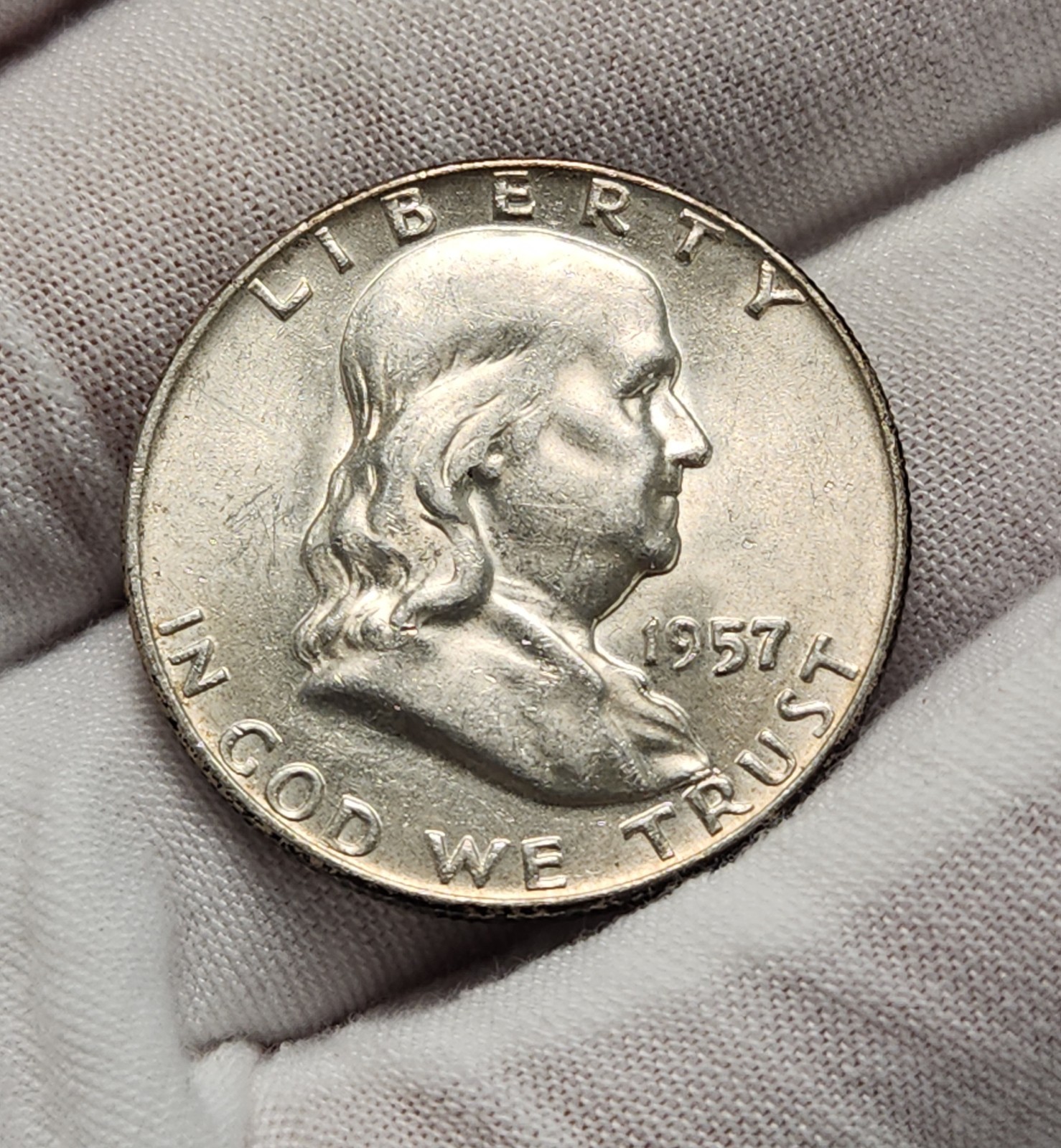 1957 D Ben Franklin Half Dollar 50c AU Almost Uncirculated 90% Silver F57Ahw