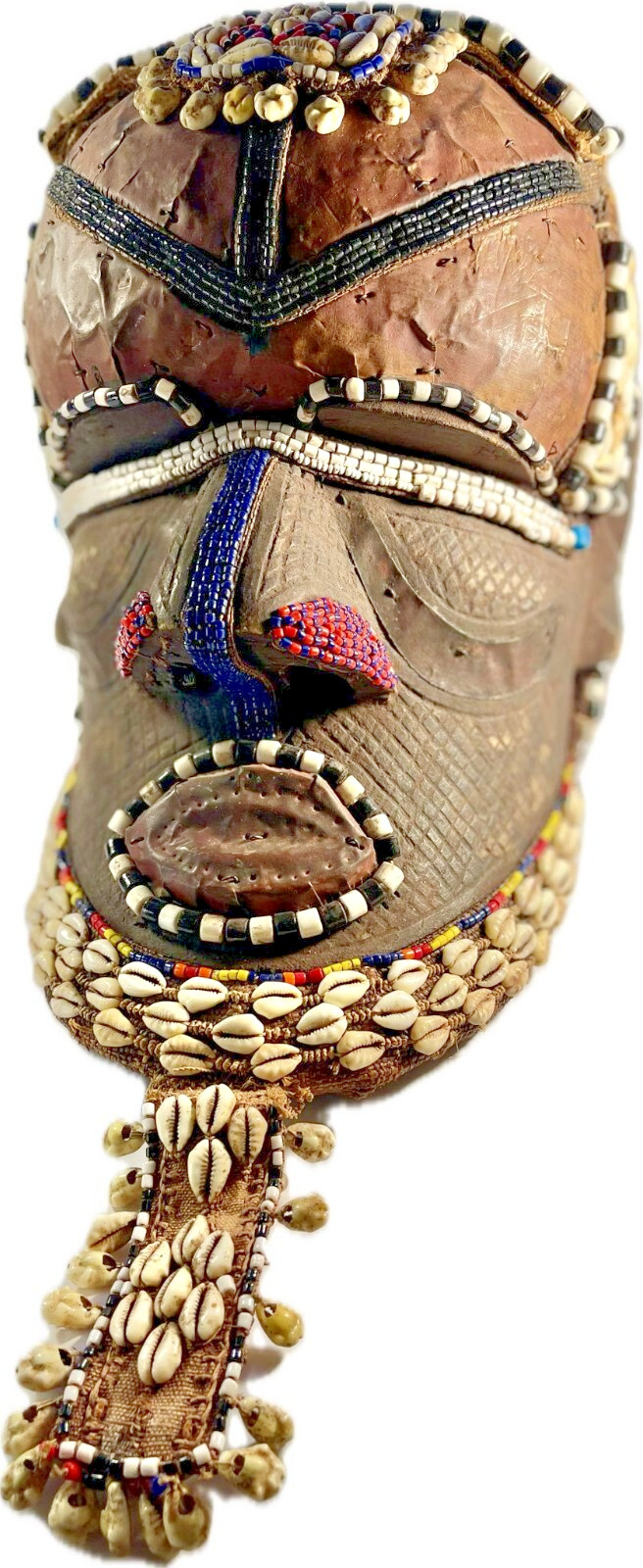 Authentic African Kuba Tribe Helmet Mask – Handcrafted, Beaded, and Shell-Adorne Authentic African Kuba Tribe Helmet Mask – Handcrafted, Beaded, and Shell-Adorne