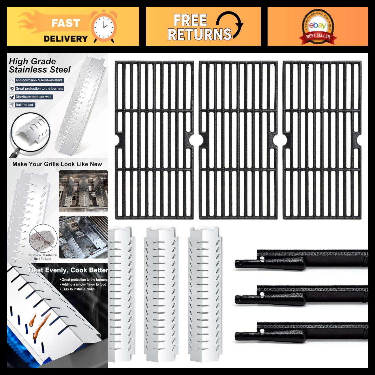 Grill Replacement Parts Kit - Cast Iron Burner Tubes, Grates & Heat Plate for 3- Grill Replacement Parts Kit - Cast Iron Burner Tubes, Grates & Heat Plate for 3-
