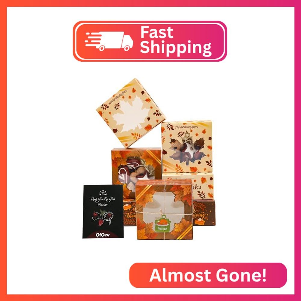 qiqee Thanksgiving Bakery Box with Window 60packs 6x6x3 Gold Leaves Cookie Boxes