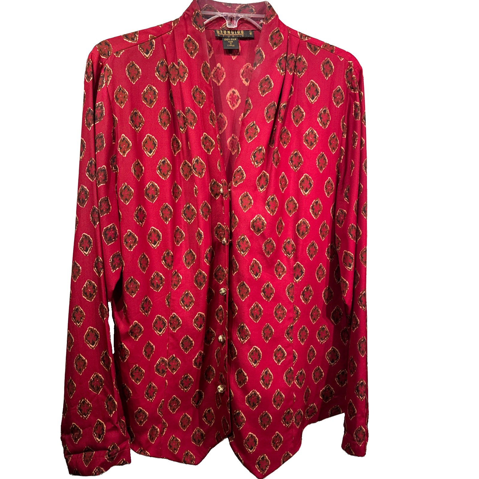 Vintage Georgiou Studio 100% Silk Blouse 14 XL Red Gold Buttons Made Cyprus
