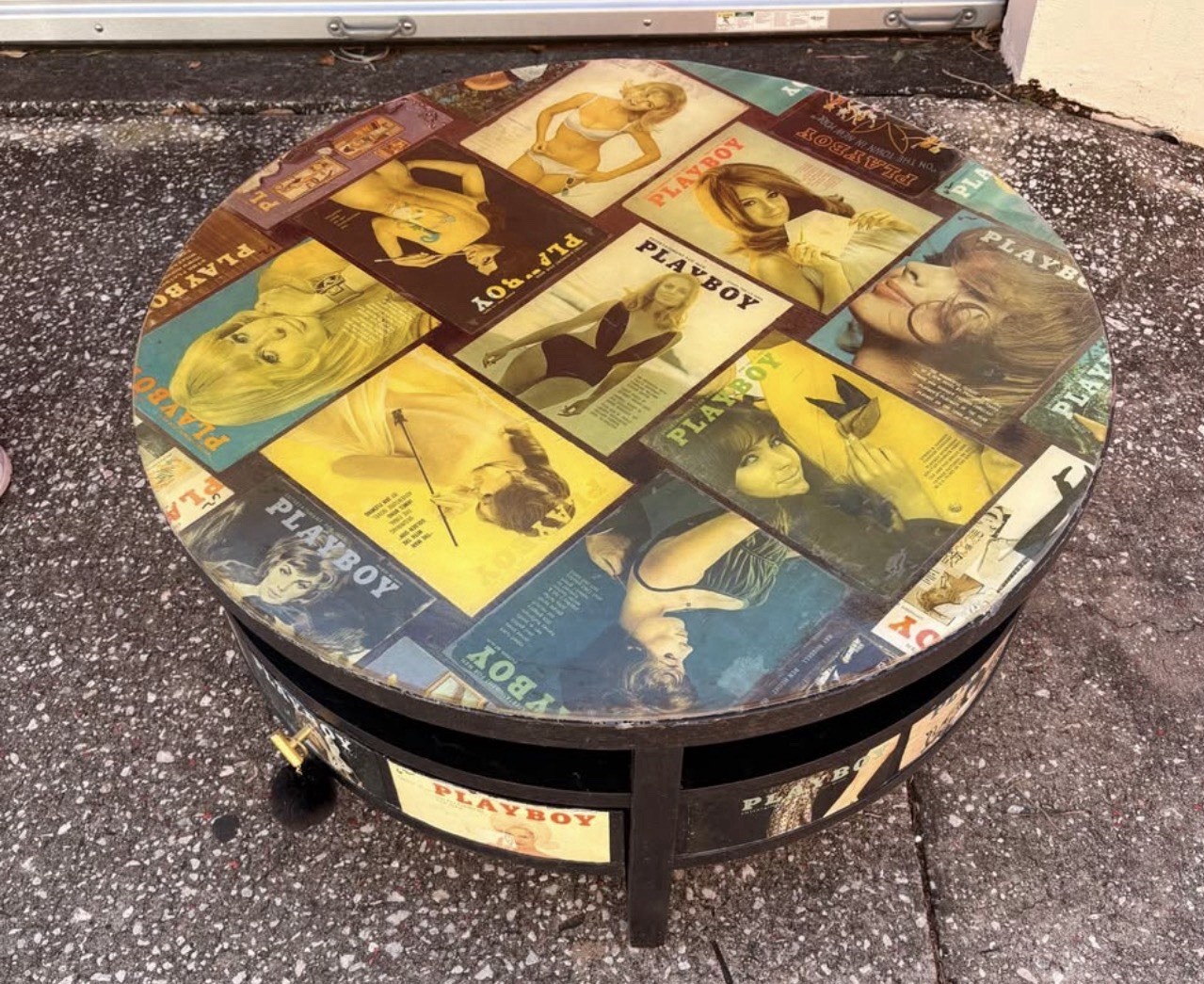 Vintage 1960s Playboy Decoupage Round Coffee Table 36” x 18” - Glass Top Drawer
