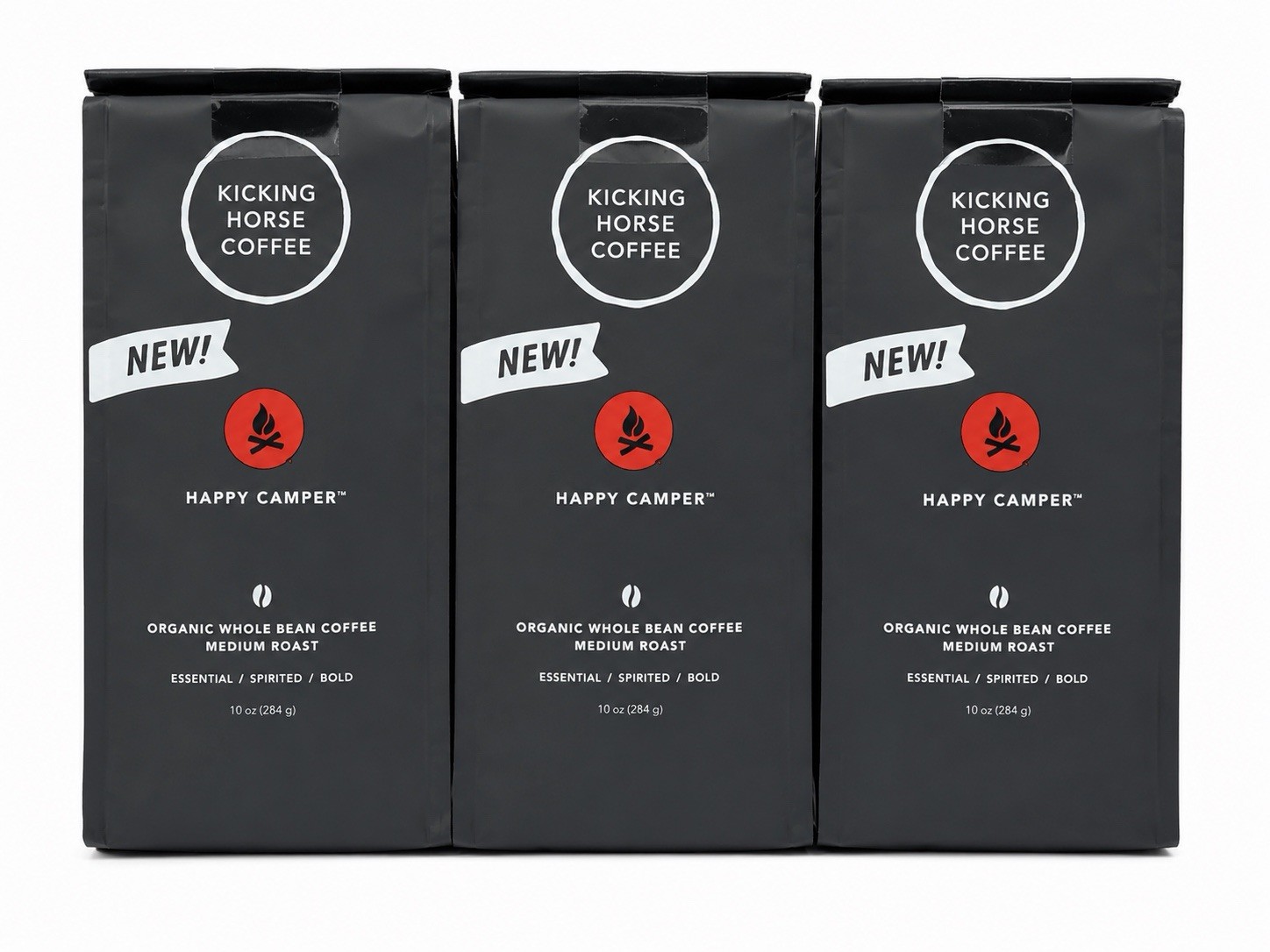 Lot Of 3 Kicking Horse Coffee Happy Camper Organic Whole Bean Medium Roast 10oz Lot Of 3 Kicking Horse Coffee Happy Camper Organic Whole Bean Medium Roast 10oz