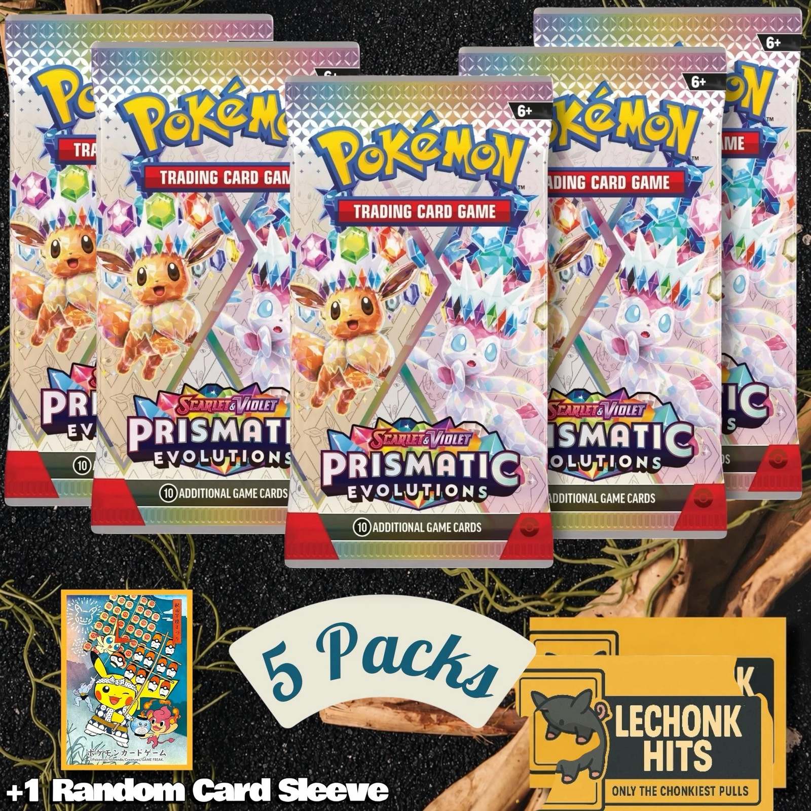 5 Packs Prismatic Evolutions Booster Pack + 1 Random Pokemon Card Sleeve 5 Packs Prismatic Evolutions Booster Pack + 1 Random Pokemon Card Sleeve
