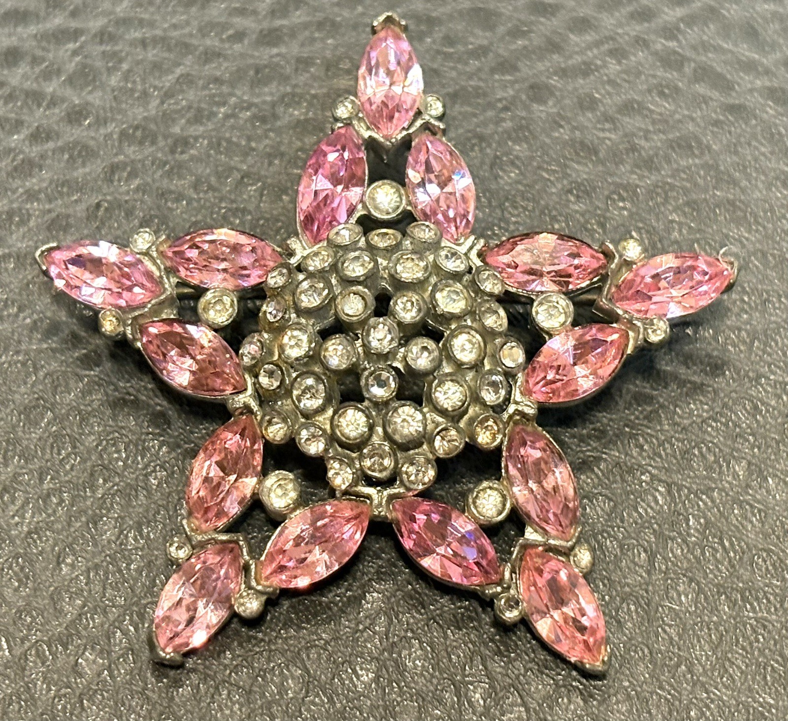 Vintage Large 2.25” Star Dome Art Deco Pink Rhinestone Pot Metal Brooch Pin