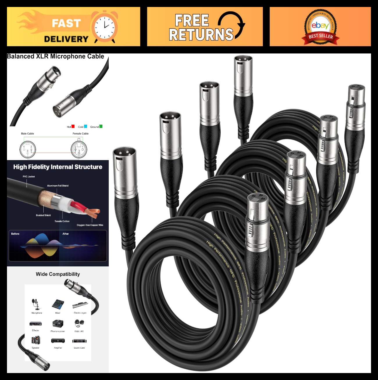 35ft XLR Cable 4-Pack - Premium Balanced Microphone & Speaker Cable, 3-Pin Male/ 35ft XLR Cable 4-Pack - Premium Balanced Microphone & Speaker Cable, 3-Pin Male/