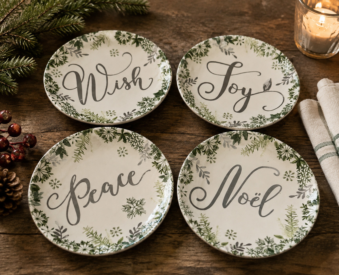 Pier 1 Woodland Wonders Christmas Appetizer Plates 6” Joy Peace Wish Noel -4 NEW