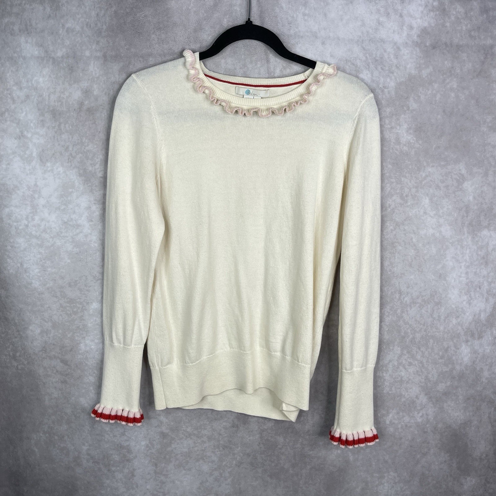 Boden Bernadette Ruffle Cuff Wool Cotton Blend Sweater In Cream Size US 10