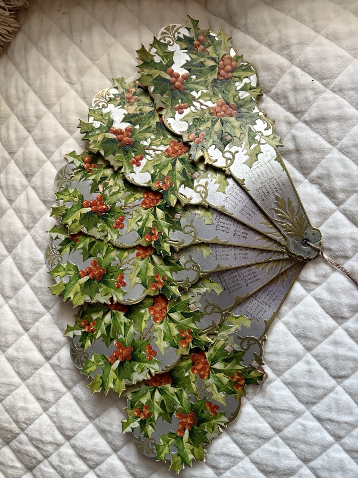 Antique Christmas Victorian Calendar Fan Holly Berries Ivy Vintage