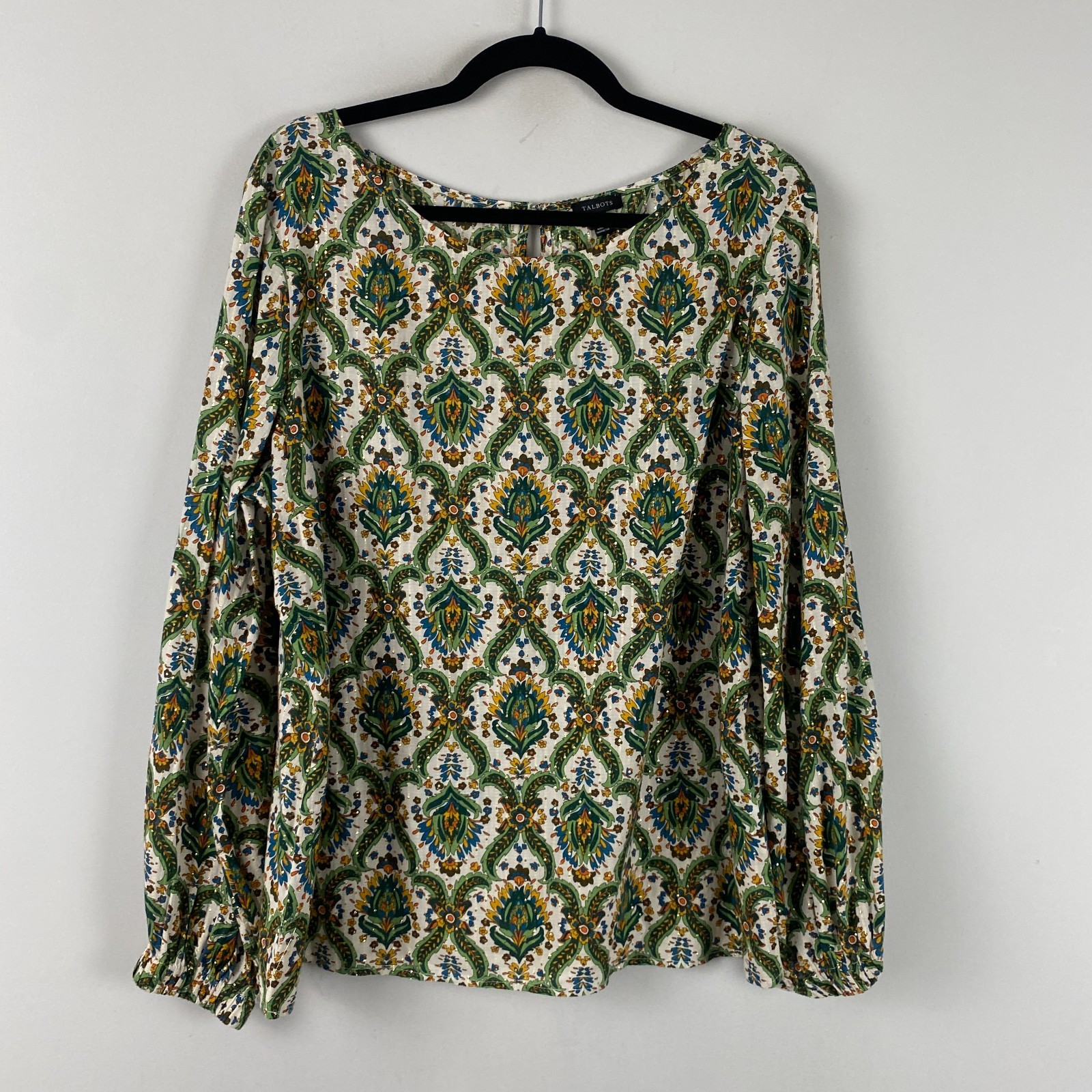 Talbots Floral Lattice Top Size XL Popover Floral Cotton Metallic Boat Neck