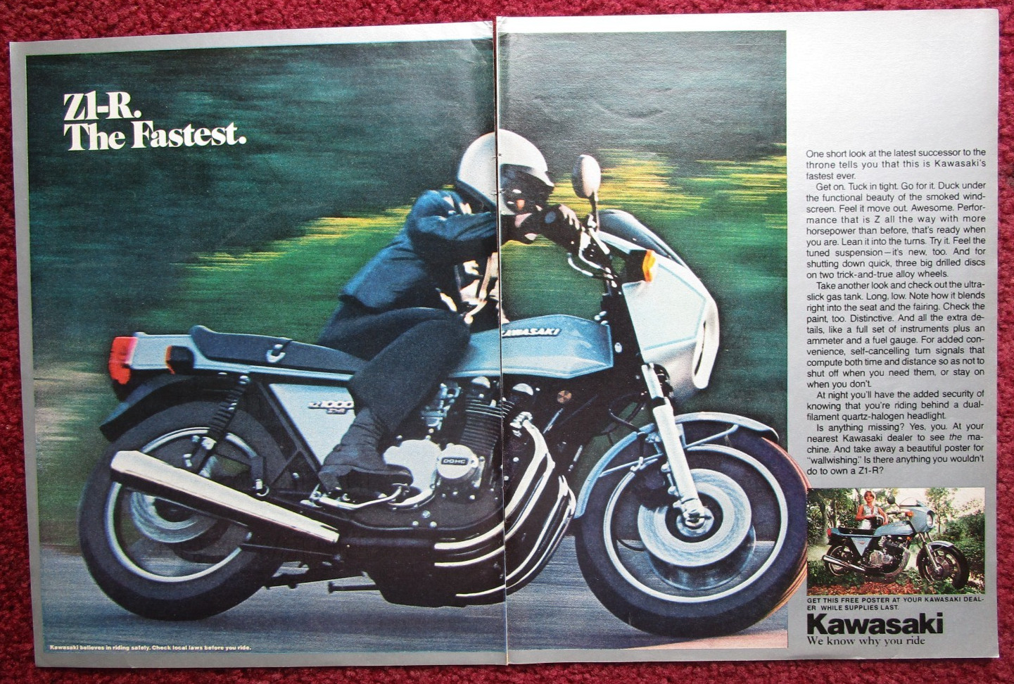 1977 KAWASAKI Z-1R Motorcycle Print Ad ~ The Fastest Sport Bike