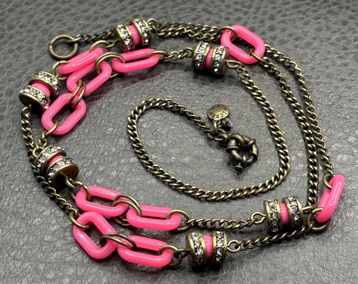 VTG J Crew Pink Acrylic Link Rhinestone Rondelle Necklace Bronze Tone 28” Long