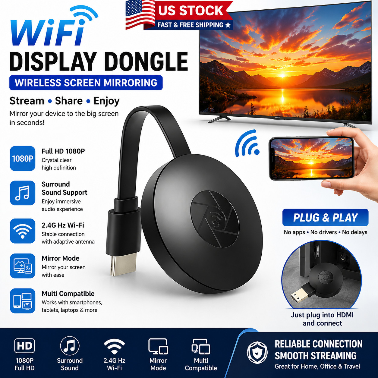 For Chromecast Google Wireless HDMI-Compatible HD Display Media Streaming_Video