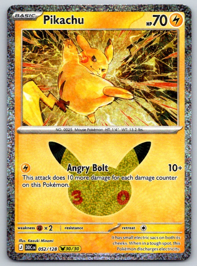 Pikachu Holo ME: 30th Celebration 052/128 Pokemon Card NM Pikachu Holo ME: 30th Celebration 052/128 Pokemon Card NM