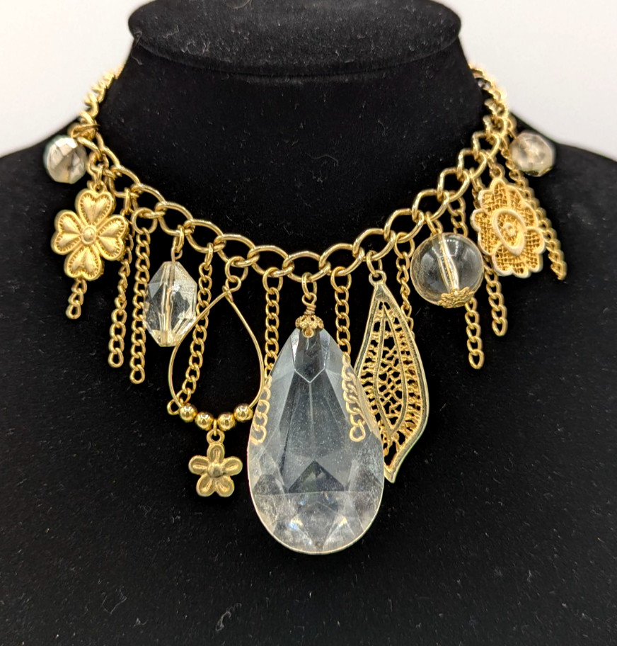 Vintage Robert Rose Charm Necklace Crystal Dangle Gold Tone Statement Fringe Bib