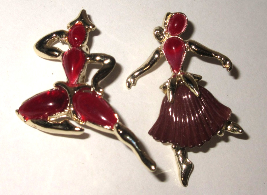 Vintage Siam Dancers Scatter Brooch Pins  Red  Enamel Unbranded EUC