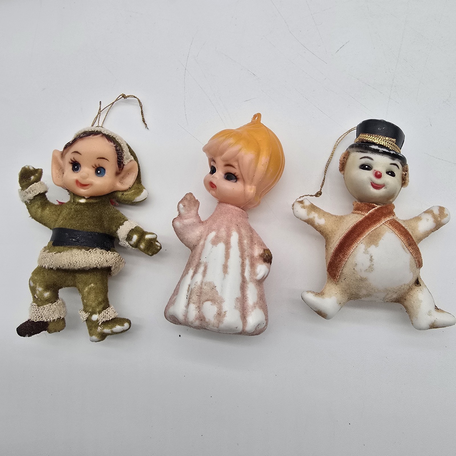Vintage Christmas Ornaments Mixed Flocked Felt Fabric Lot Of 3 Elf Angel Frosty