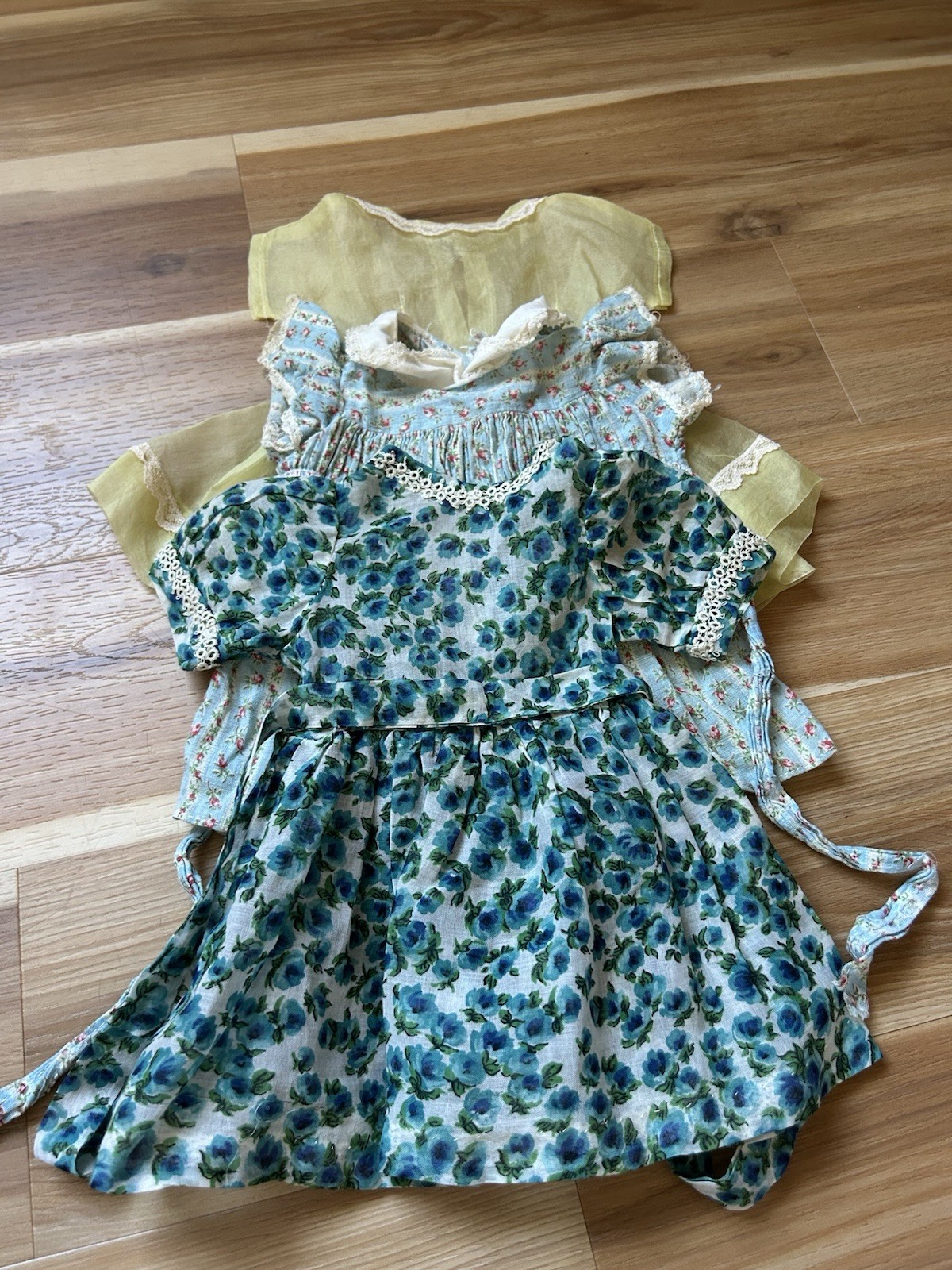 Lot of 3 Vintage Baby Doll Dresses Yellow Organdy, Blue Floral, Green Floral Lot of 3 Vintage Baby Doll Dresses Yellow Organdy, Blue Floral, Green Floral