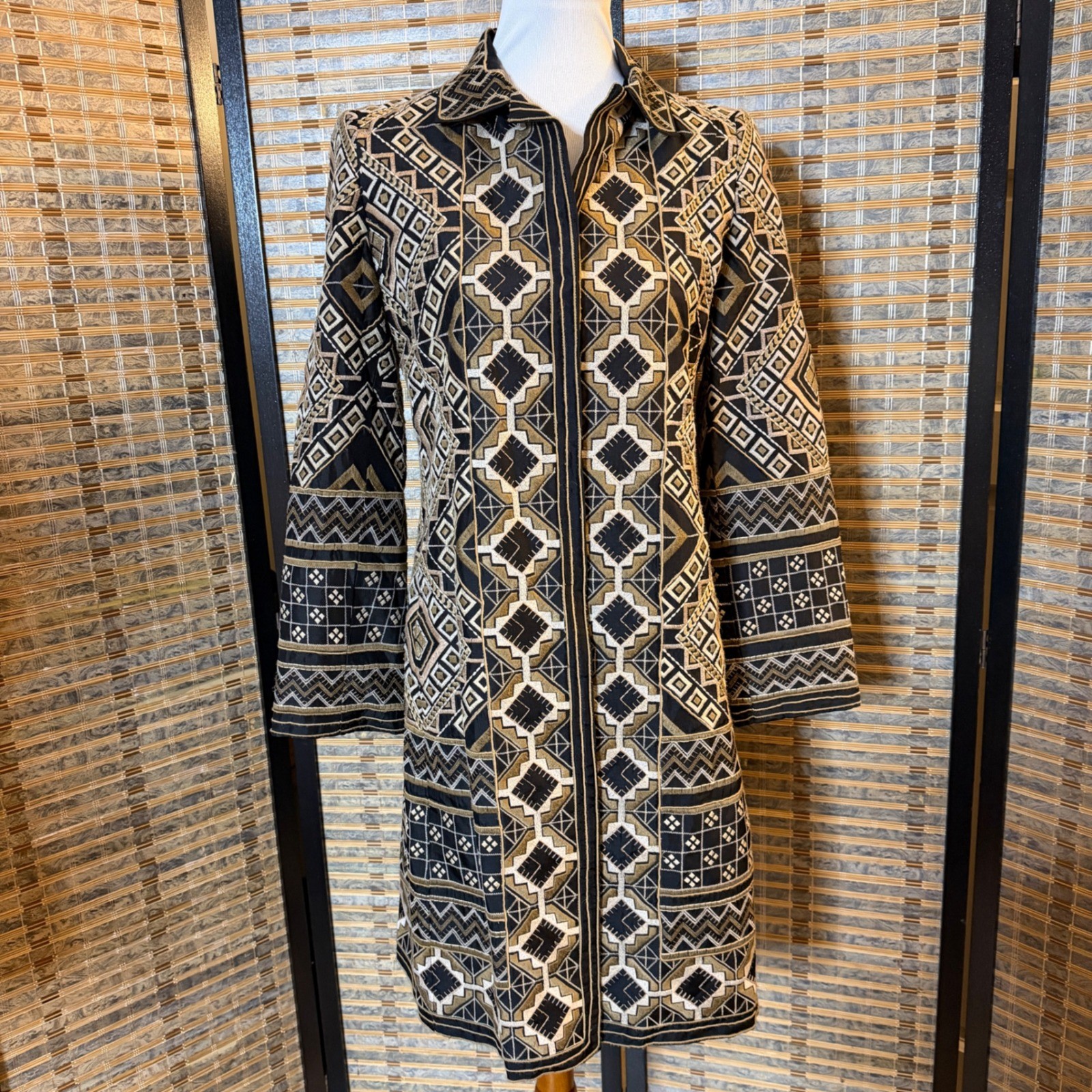 BIYA Johnny Was Embroidered Silk Coat Women S Black Gold Boho Geometric Artwear