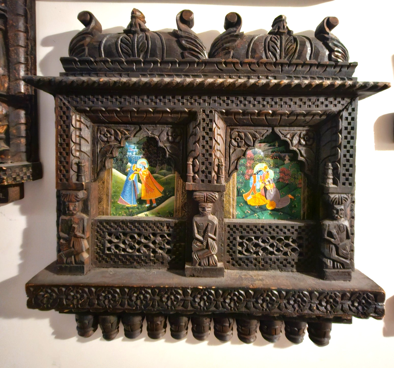 Vintage Hand Carved Indian Wood Radha Krishna Wall Shrine Mandir Temple Decor