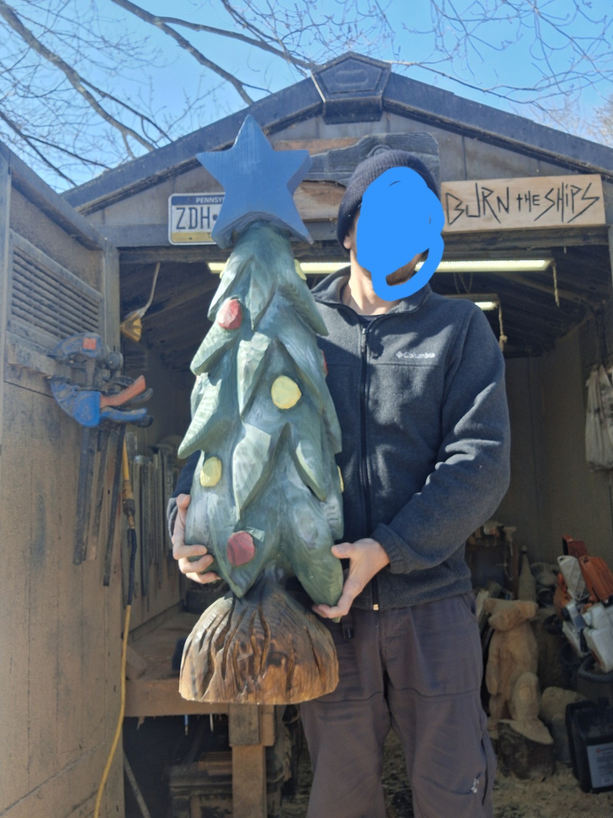 Chainsaw Carved Christmas Tree Wood Carving Seasonal Holiday Rustic Decor