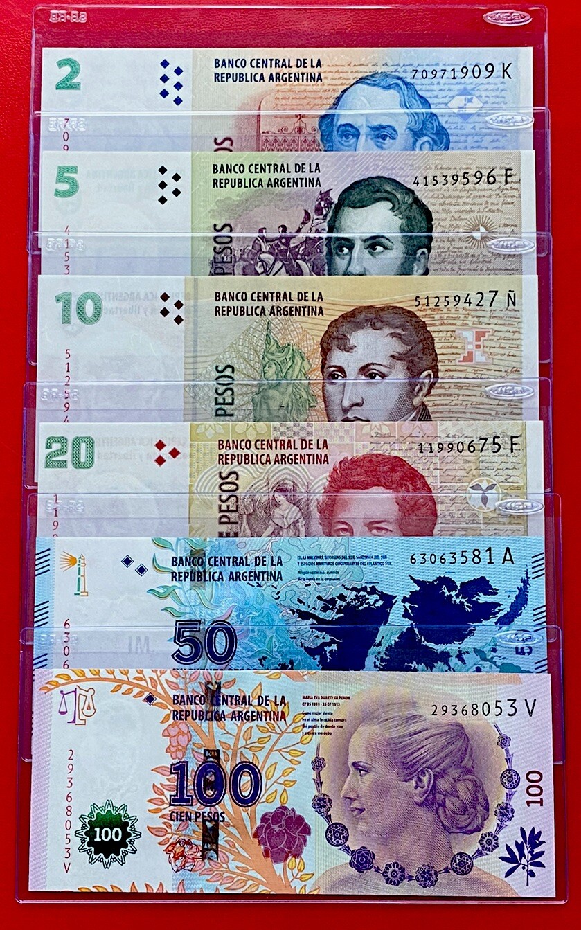 Argentina 6 PCS Banknotes Set ( 2 5 10 20 50 100 Pesos Evita ) 2012-2016 UNC Argentina 6 PCS Banknotes Set ( 2 5 10 20 50 100 Pesos Evita ) 2012-2016 UNC
