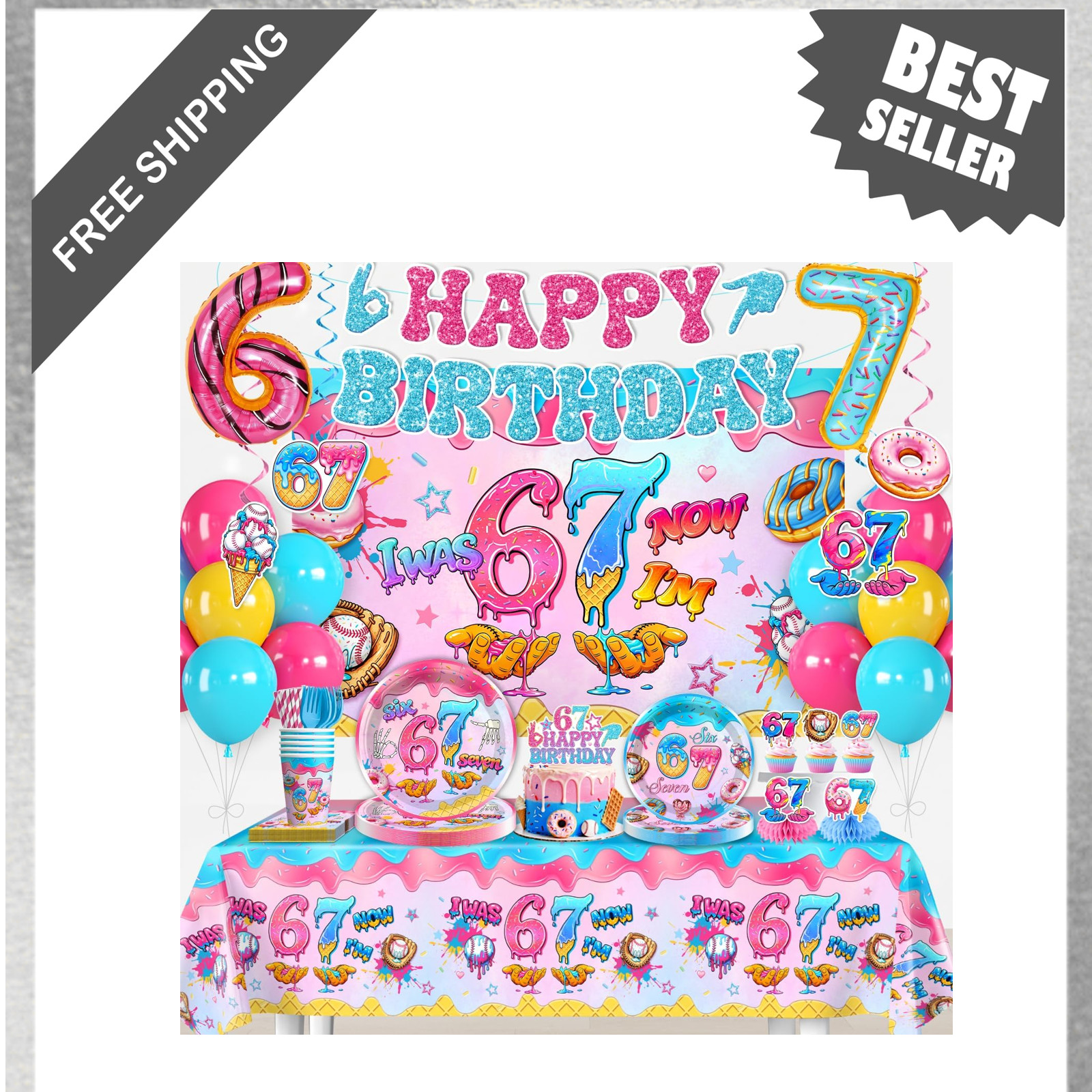 218Pcs 67 Birthday Decorations Girl Party Pack Set with Plates Napkins Cups