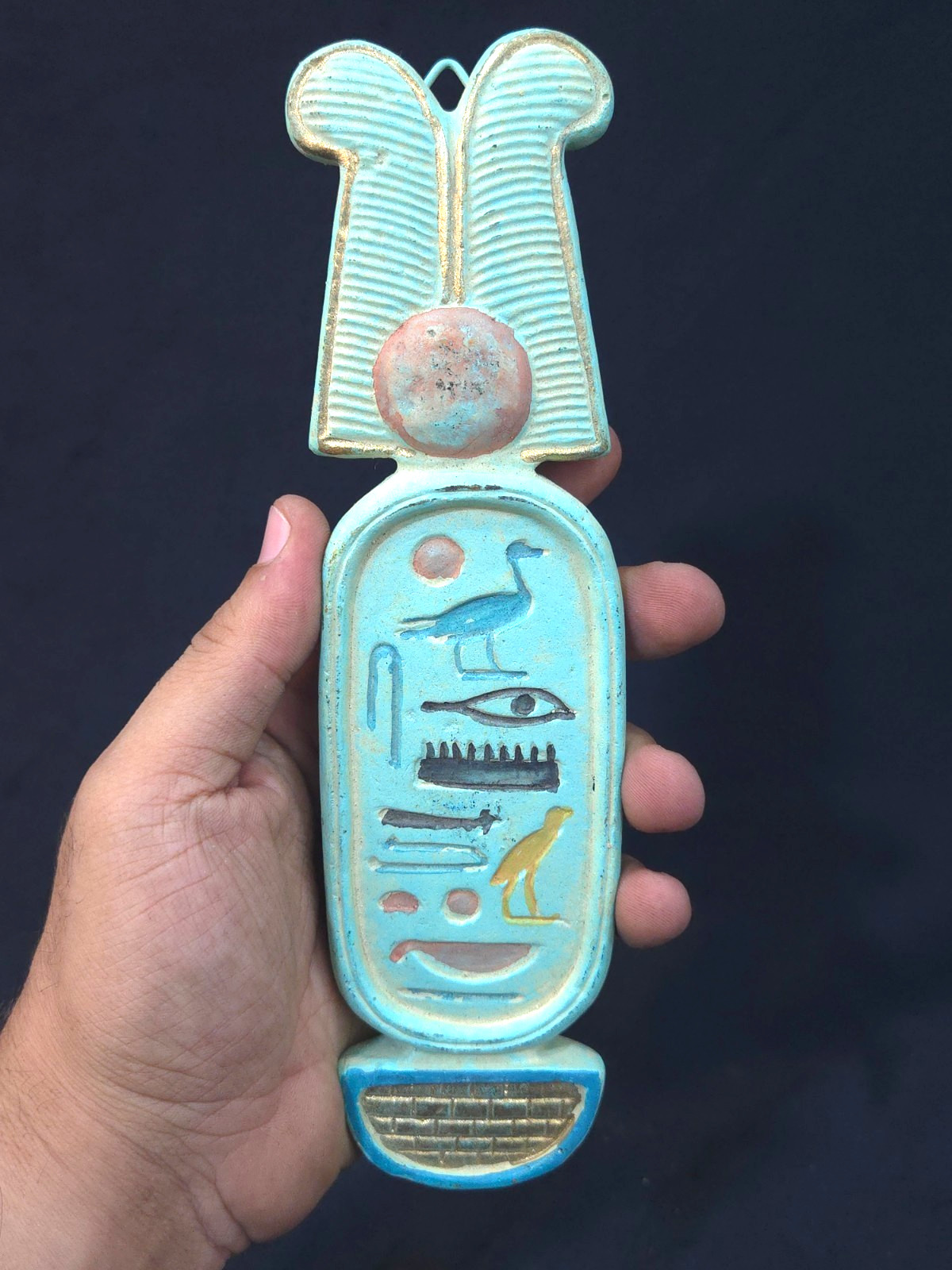 Ancient Egyptian Antiques Winged Sun Disk Plaque Horus Hieroglyphs Blue Gold