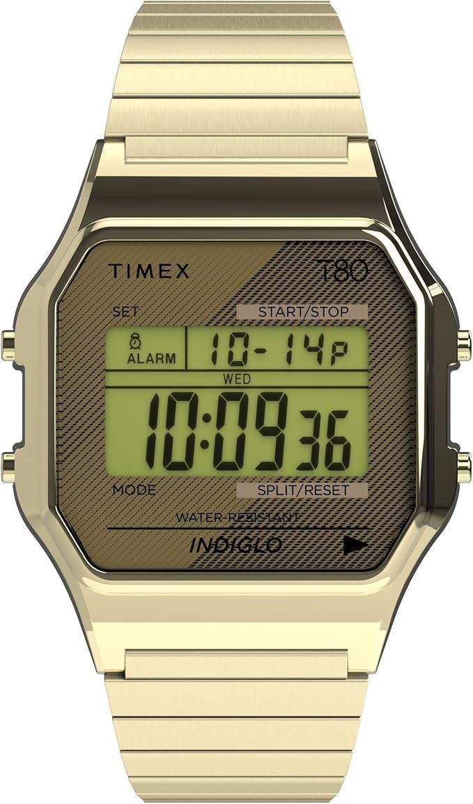 Timex T80 34mm Gold-Tone Digital Watch 18mm Stainless Steel Expansion Band Timex T80 34mm Gold-Tone Digital Watch 18mm Stainless Steel Expansion Band
