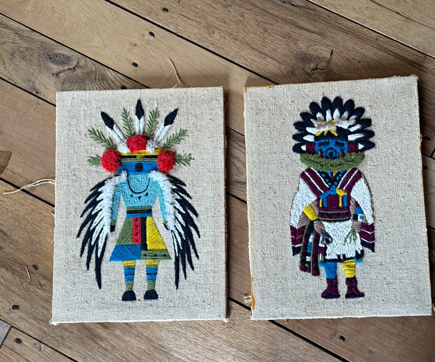 Vintage 1970s Southwestern Kachina crewel embroidery (set of 2)
