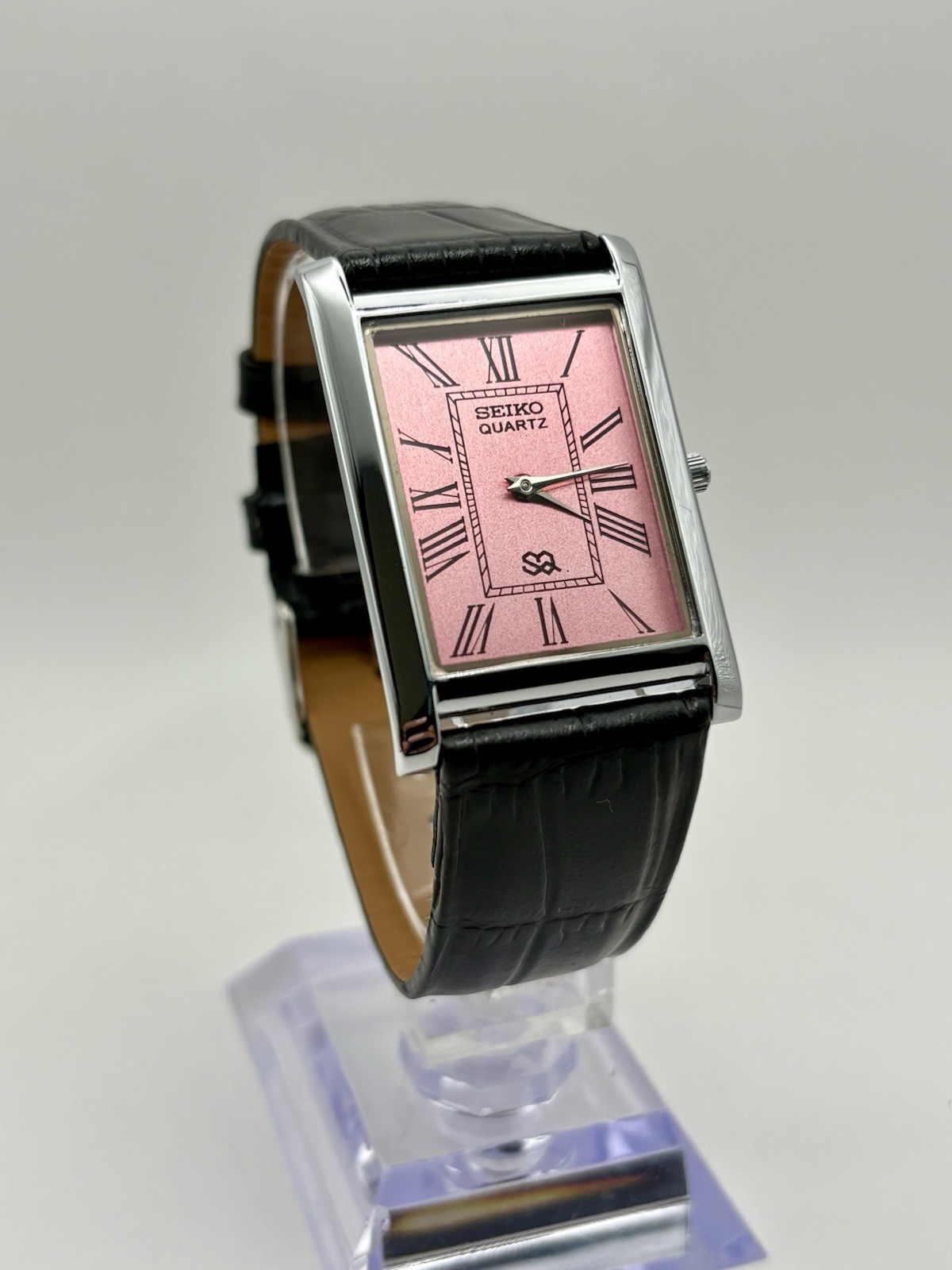Rare Seiko Tank Pink Face With Black Leather Band