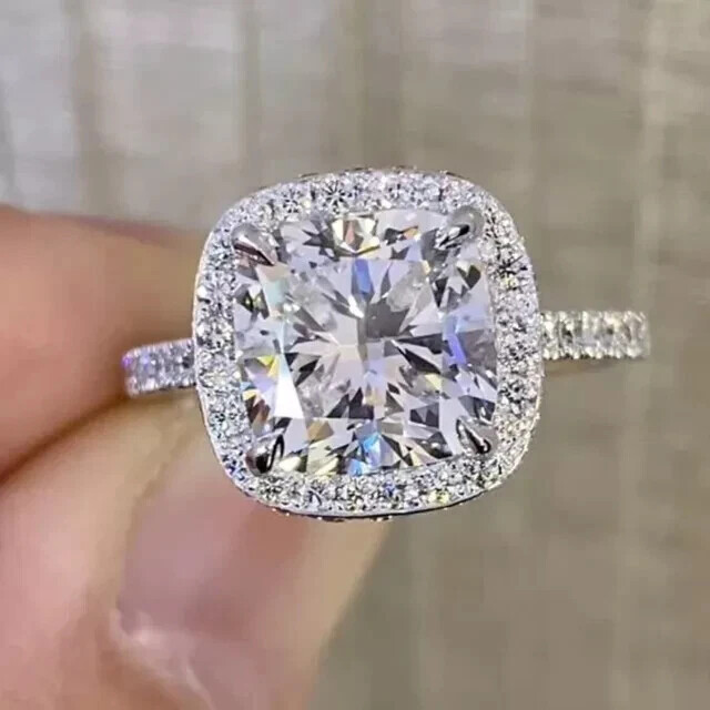 4.10CTW Cushion Cut VVS1 Moissanite Halo Engagement Ring 14K White Gold Plated