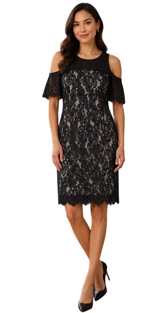 NWT LOFT Black Lace Overlay Sheath Dress With Cold Shoulders Detail