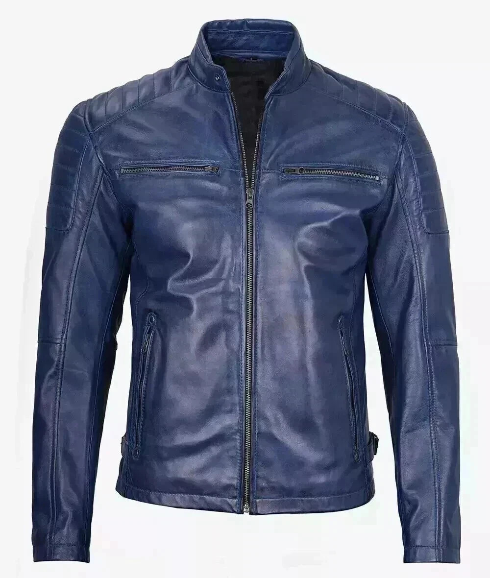 Men\'s Blue Leather Jacket Motorcycle Cafe Racer Style Zipper Men\'s Blue Leather Jacket Motorcycle Cafe Racer Style Zipper