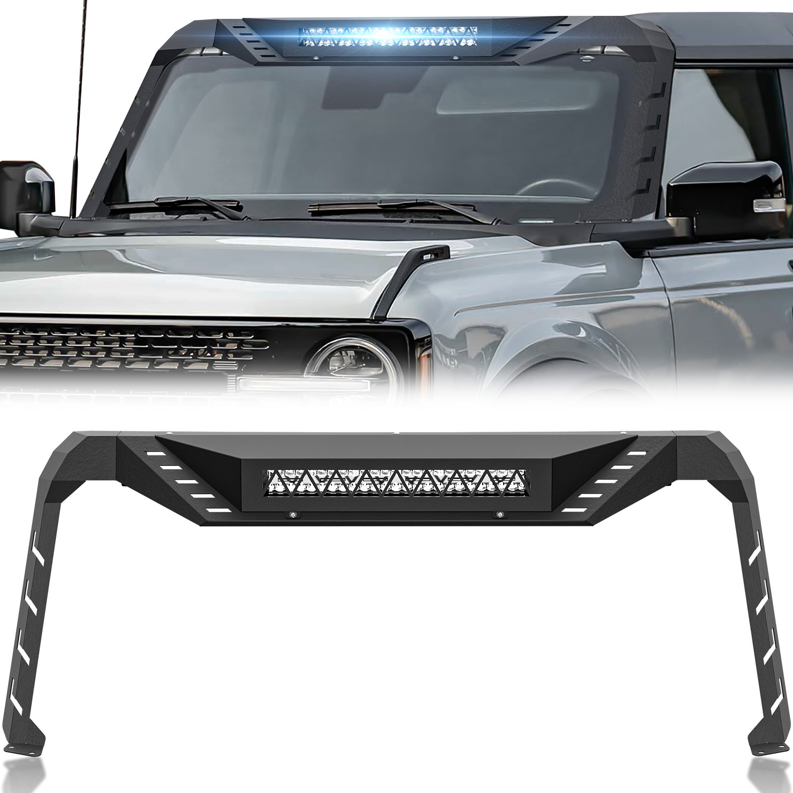Front Steel Windshield Frame Cover For 2021-2026 Ford Bronco 2/4 Doors, Bolt On Front Steel Windshield Frame Cover For 2021-2026 Ford Bronco 2/4 Doors, Bolt On