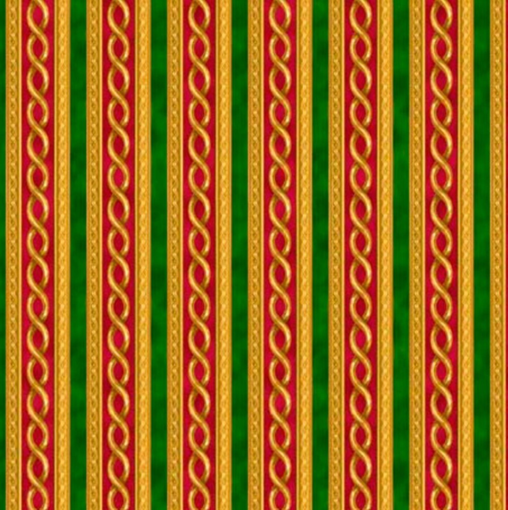 Christmas Stripes Red Green on Gold 100% Cotton Price per Yard