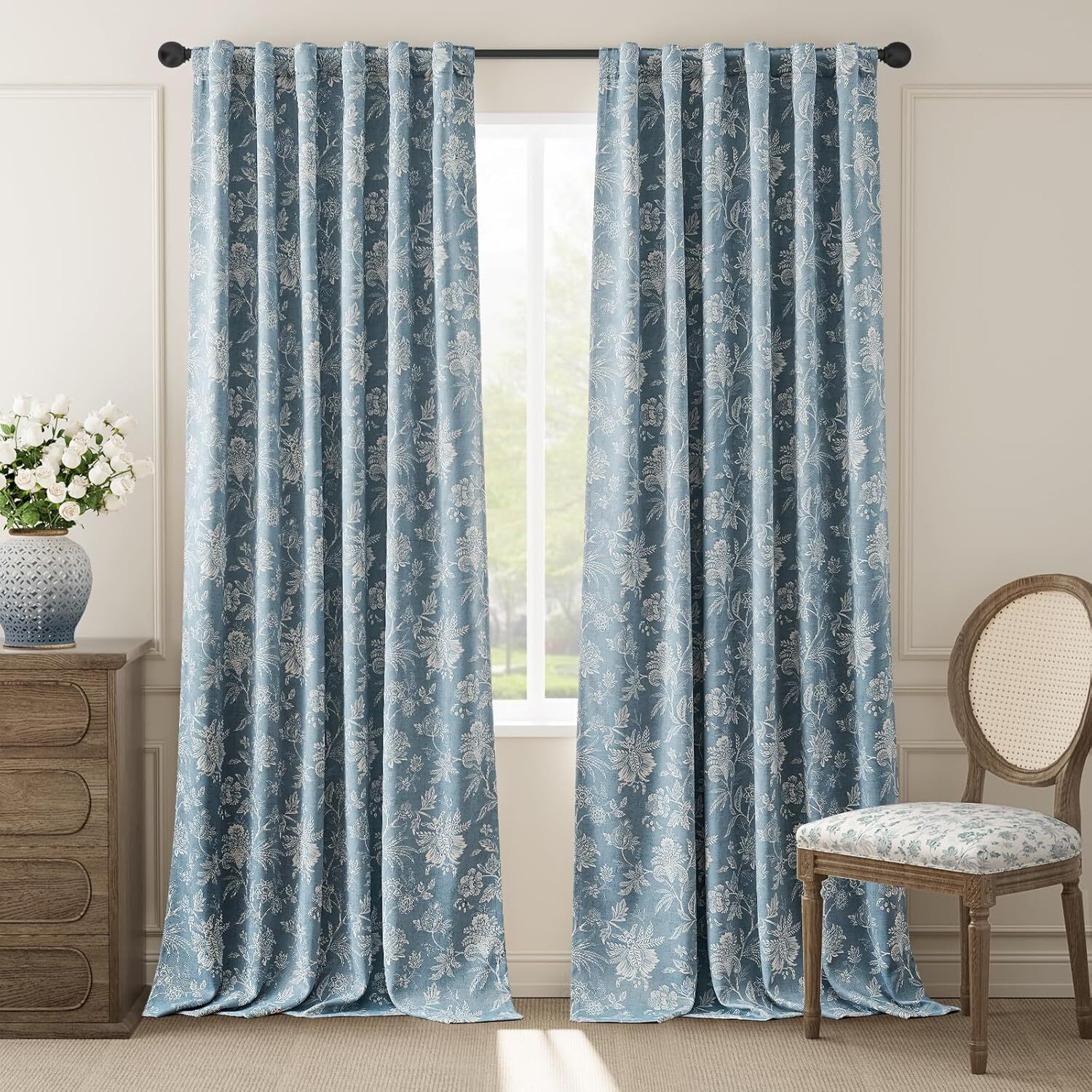 100% Blackout Floral Curtains for Bedroom 96 Inches Long White on Blue Printed 100% Blackout Floral Curtains for Bedroom 96 Inches Long White on Blue Printed