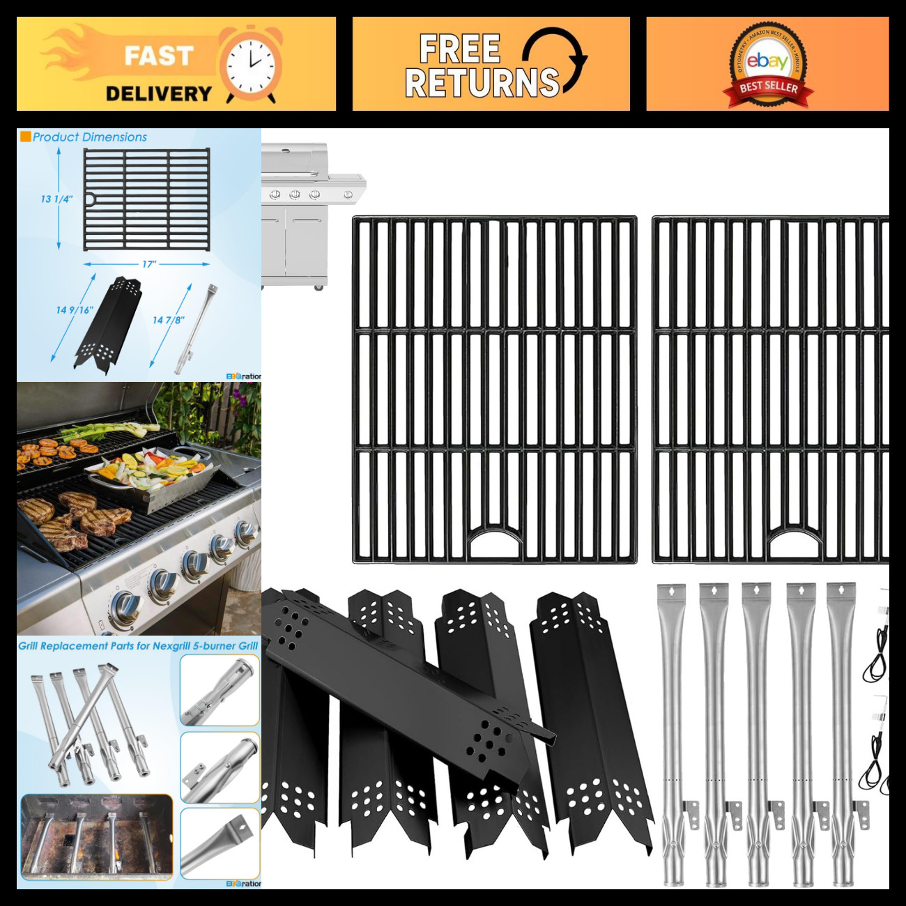 Replacement Parts Kit for 5-Burner & 4-Burner Grills, Cooking Grate, Heat Shield