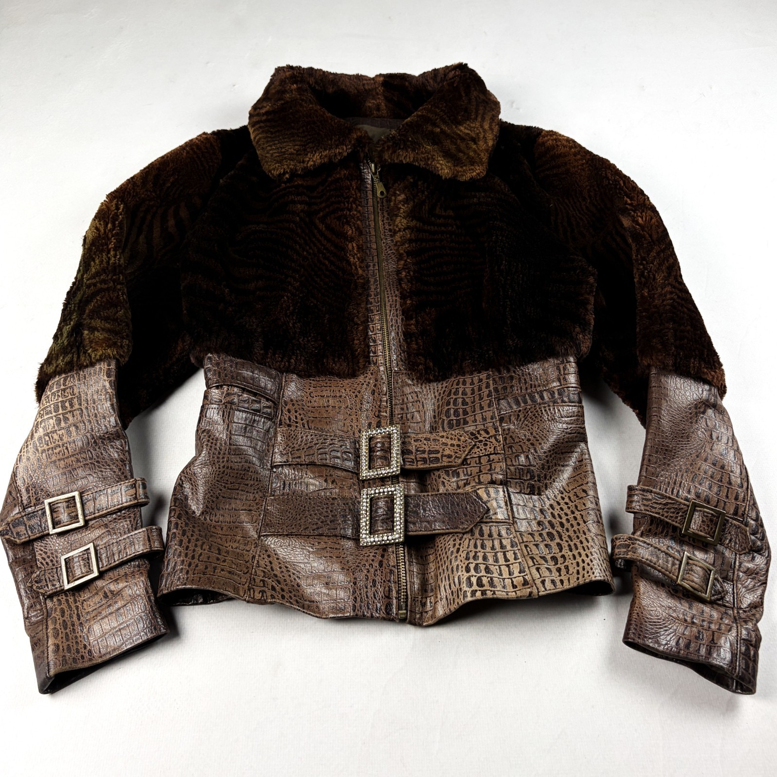 Vintage Real Leather Jacket Womens Small Brown Real Fur Trim Rhinestone Full Zip