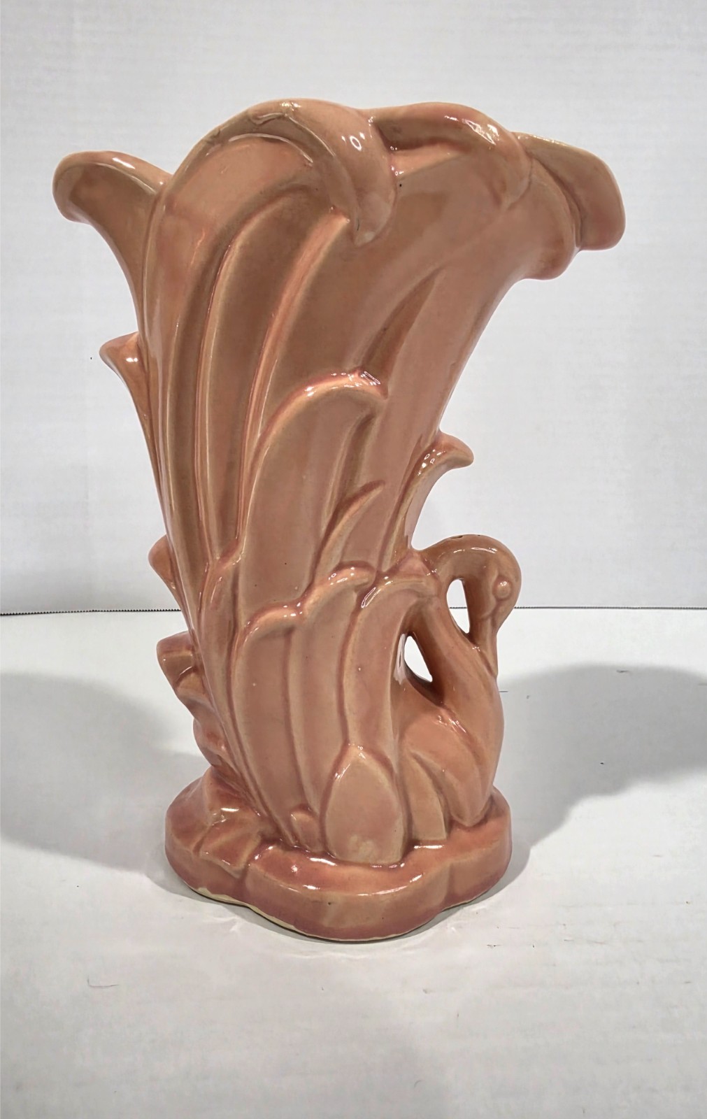 Vintage 1946 McCoy Pottery Swan Vase Gloss Peach Pink Coral Art Deco Planter