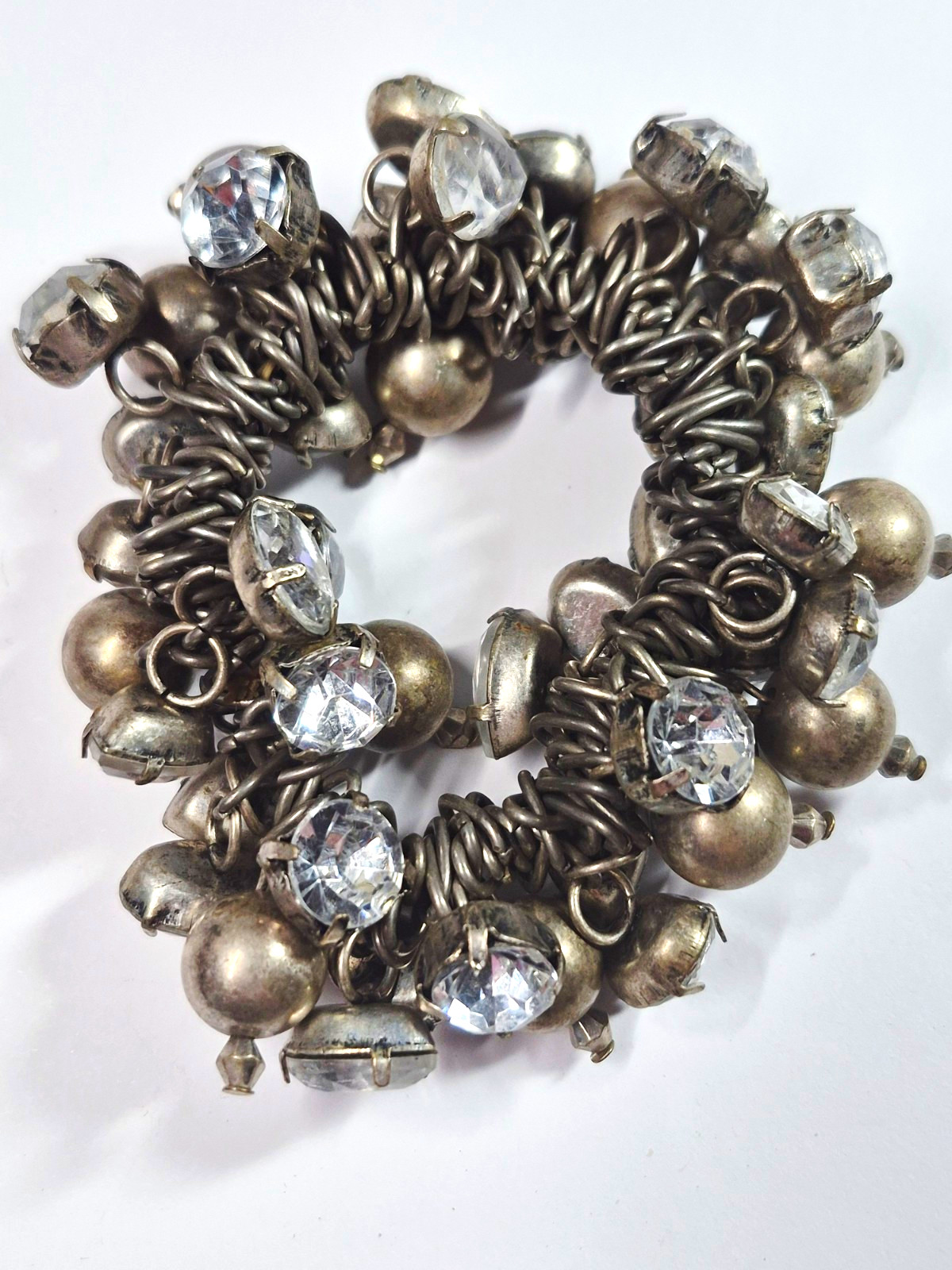 Vintage Gerard Yosca Signed Rhinestone Bead Stretch Bracelet Silver Tone