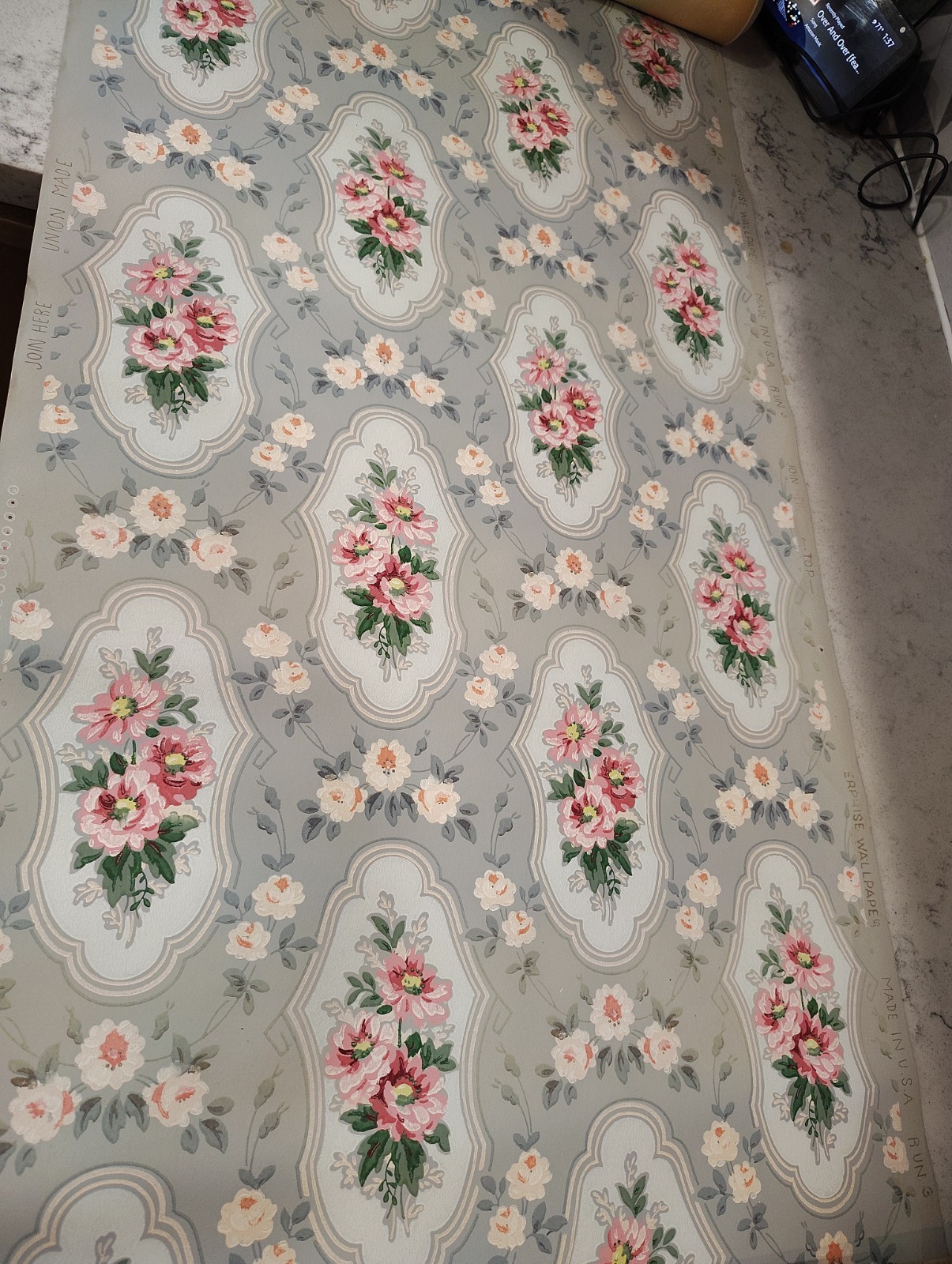Vintage Wallpaper Roll Blue Background But A Little Staining On Edges