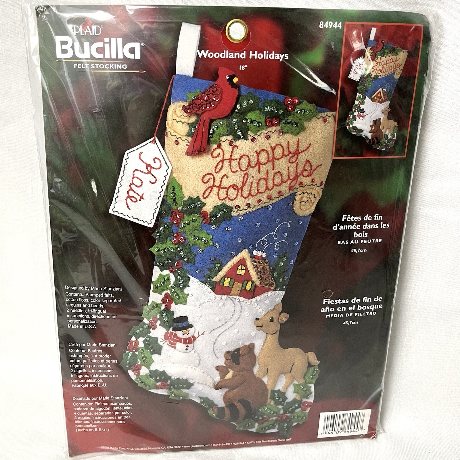 2003 Bucilla Woodland Holidays Felt Applique Stocking Kit Christmas Craft 84944
