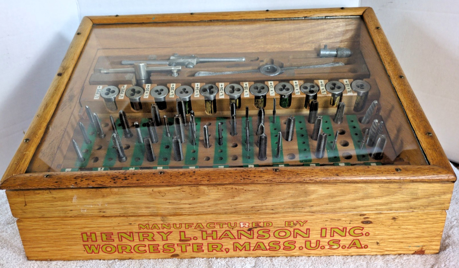 Vintage Henry L Hansen Tap And Die Tool Sales Display Case With Tap And Dies