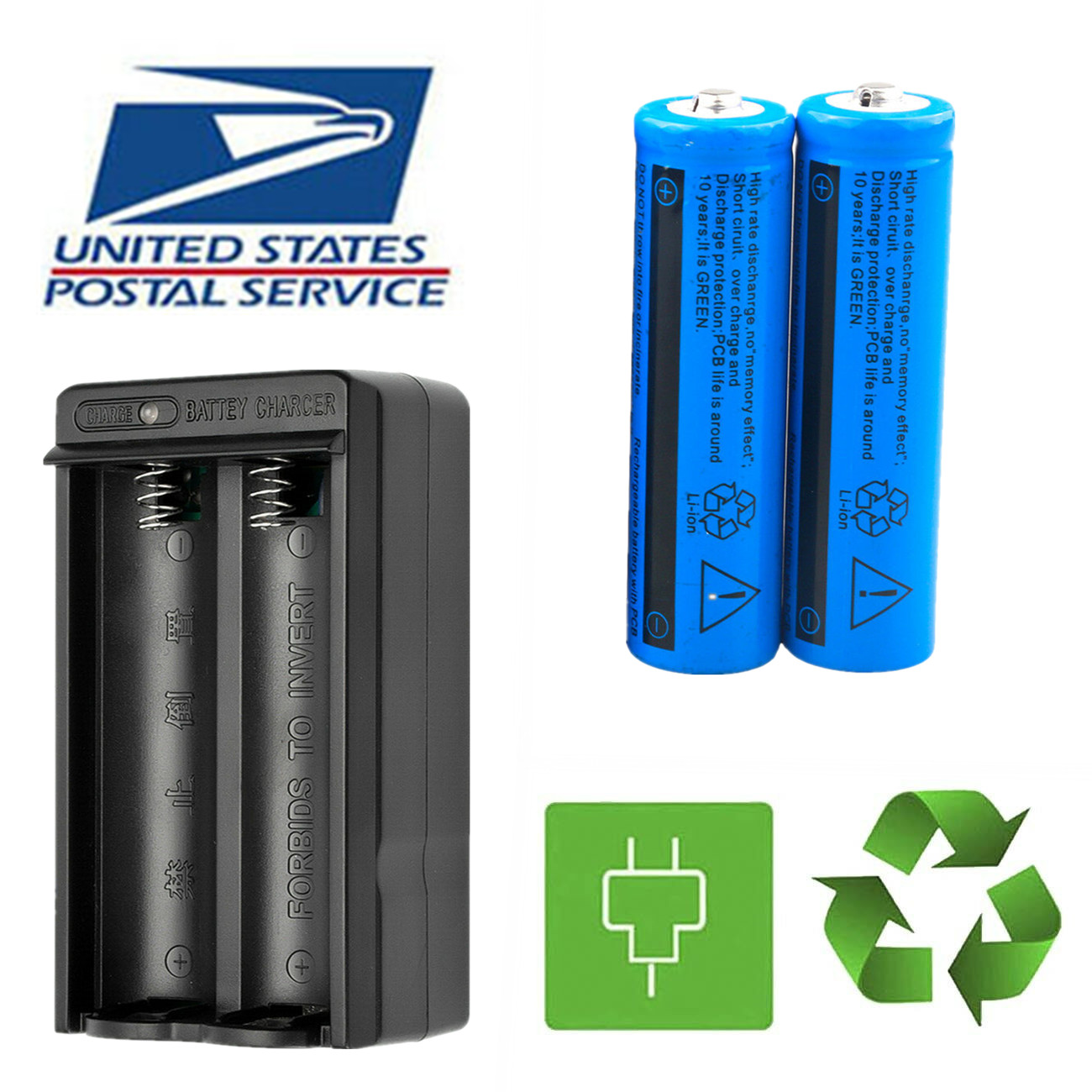 2pcs 3000mAh Rechargeable Li-Ion Battery Cell Flashlight Batteries 3.7V+Charger