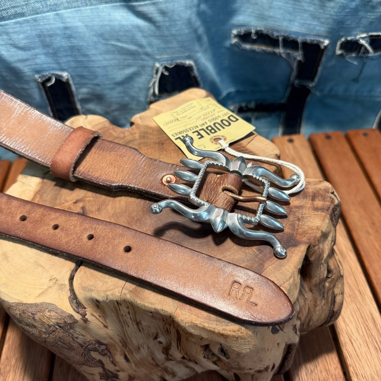RRL Double RL Genuine Leather Belt Western Octopus Buckle Vintage Style Size 34