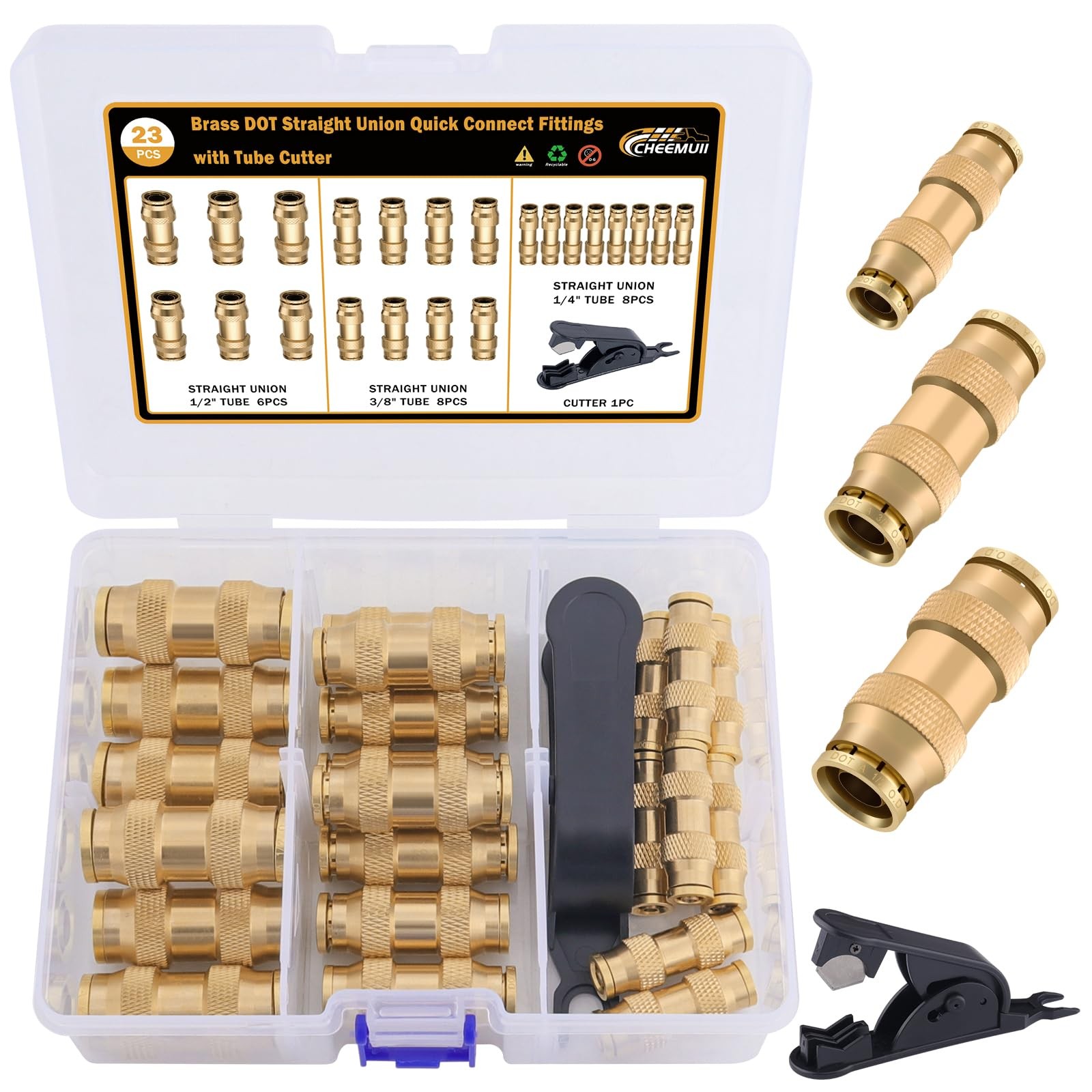 CheeMuii 23 PCS Brass DOT Air Line Fittings Kit 1/4 3/8 1/2 23PCS, Gold